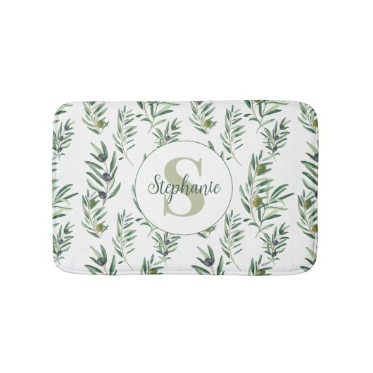 Watercolor Monogram Naam Olijftakken Patroon Badmat (Voorkant)