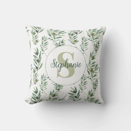 Watercolor Monogram Naam Olijftakken Patroon Kussen