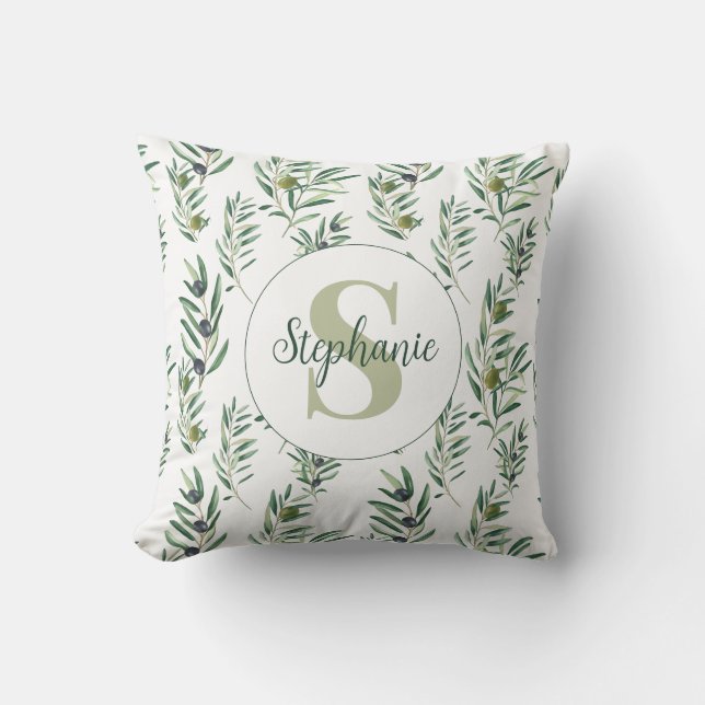 Watercolor Monogram Naam Olijftakken Patroon Kussen (Voorkant)