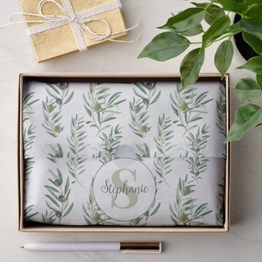 Watercolor Monogram Naam Olijftakken Patroon Tissuepapier (Geschenk)