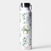 Watercolor Monogram Naam Olijftakken Patroon Waterfles (Voorkant)