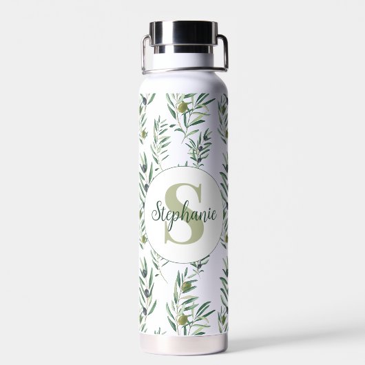 Watercolor Monogram Naam Olijftakken Patroon Waterfles (Achterkant)