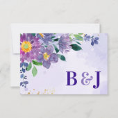 Watercolor Monogram Paars Blauw Bloemend Bruiloft RSVP Kaartje (Voorkant)