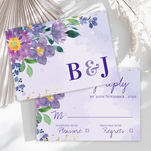 Watercolor Monogram Paars Blauw Bloemend Bruiloft RSVP Kaartje