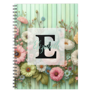 Watercolor monogram pastels flowers on green wood notitieboek