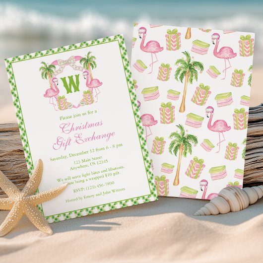 Watercolor Monogram Roze Flamingo Wapenschild Kers Kaart