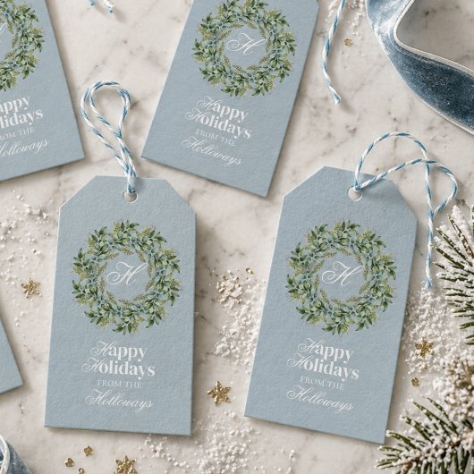 Watercolor Monogram Script Foto Platte Kerstkaart Cadeaulabel