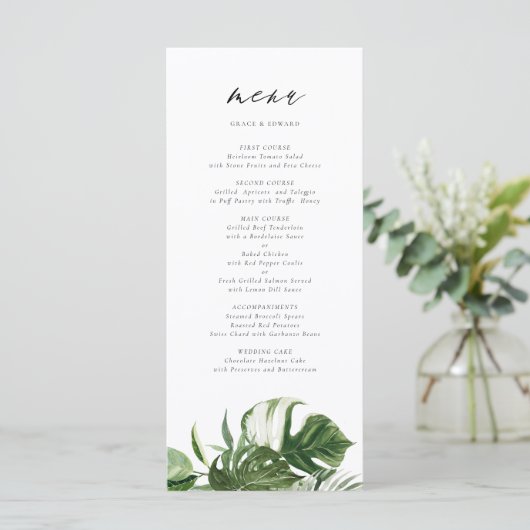 Watercolor Monstera Botanische Tropische Bruiloft Menu (Staand voorkant)
