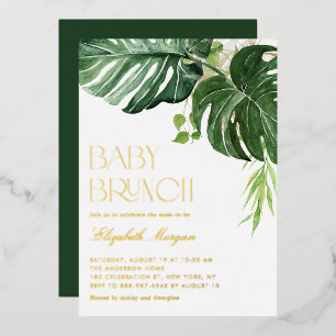 Watercolor Monstera Groene Tropische Baby Brunch Folie Uitnodiging