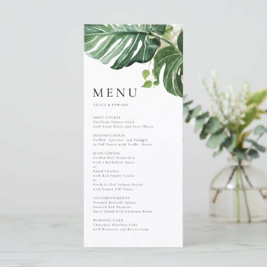 Watercolor Monstera Groene Tropische Bruiloft Menu (Staand voorkant)