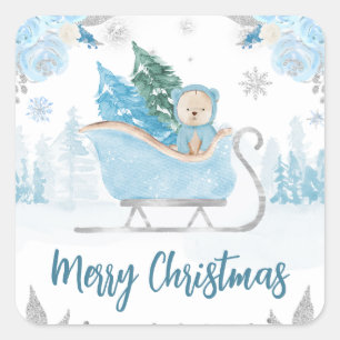Watercolor Mooie Blauwe Winter Beer Bloemige Kerst Vierkante Sticker