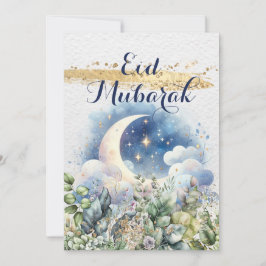 Watercolor Moon Eid Mubarak Gouden Accent Verticaa Feestdagenkaart