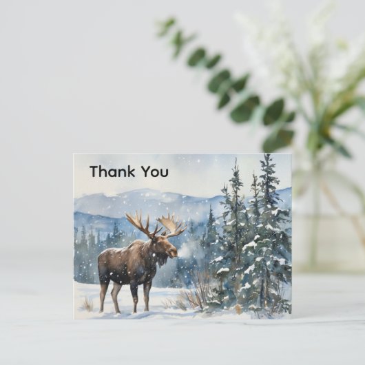 Watercolor Moose in Snow Thank You  Briefkaart (Staand voorkant)