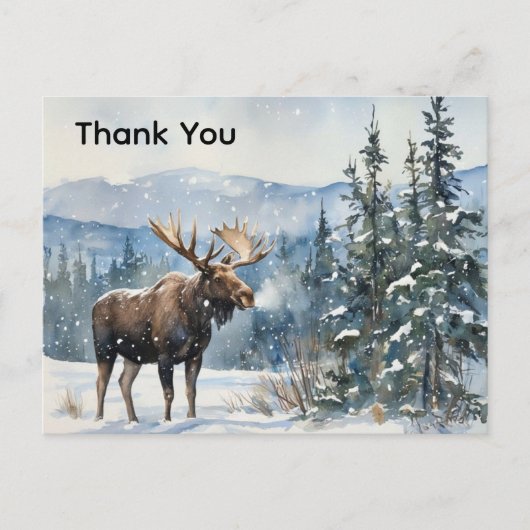 Watercolor Moose in Snow Thank You  Briefkaart (Voorkant)