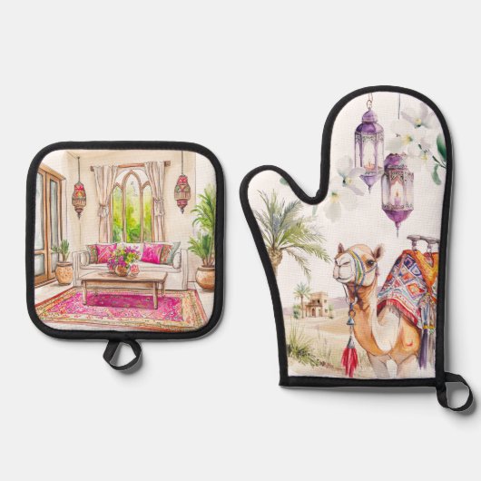 Watercolor Moroccan Kitchen Artistry Ovenwant & Pannenlap Set (Voorkant)