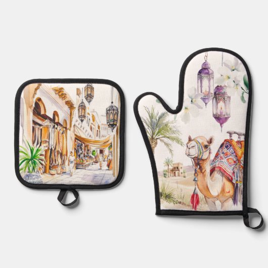 Watercolor Moroccan Kitchen Artistry Ovenwant & Pannenlap Set (Voorkant)