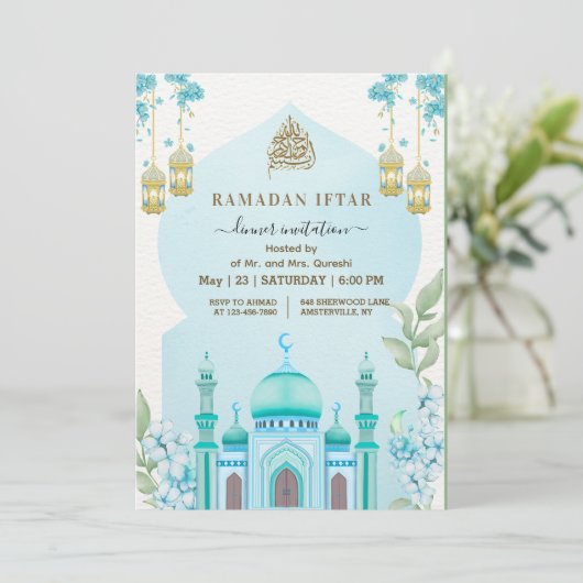 Watercolor Mosque Iftar Dinner Blue Kaart (Staand voorkant)