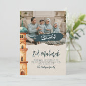 Watercolor Mosque Illustration Family Photo Eid  Feestdagenkaart (Staand voorkant)
