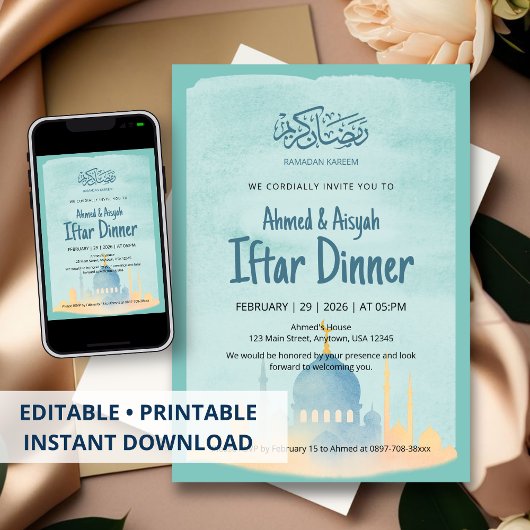 Watercolor Mosque Ramadan Iftar Party Invitation Kaart