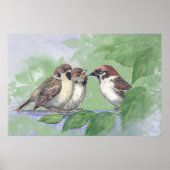 Watercolor Mother Sparrow Feeding Chicks Poster (Voorkant)