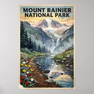 Watercolor Mount Rainier Nationaal Park Retro Poster