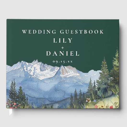 Watercolor Mountain Floral Emerald Green Wedding Gastenboek (Voorkant)