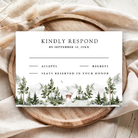 Watercolor Mountain Forest Deer Wedding RSVP Kaartje