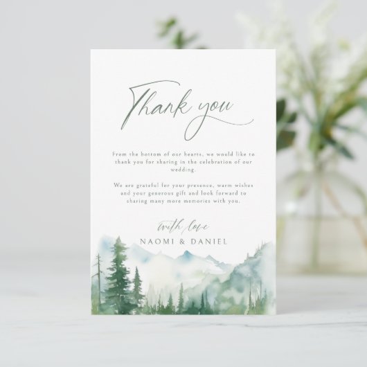Watercolor Mountain Forest Rustic Wedding Bedankkaart (Staand voorkant)