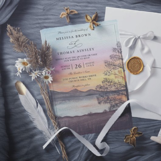 Watercolor Mountain Lake View QR Code Wedding Kaart