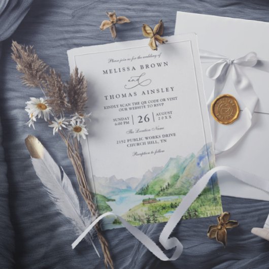 Watercolor Mountain Rustic Lakes QR Code Wedding Kaart