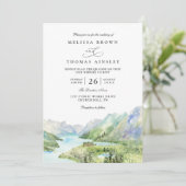 Watercolor Mountain Rustic Lakes QR Code Wedding Kaart (Staand voorkant)
