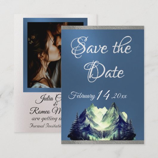 Watercolor Mountains 2 Blue 2 Save The Date (Voorkant / Achterkant)