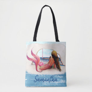 Watercolor Naam Strand Zeemeermin Afro-Amerikaans Tote Bag