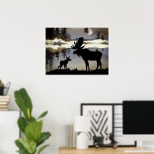 Watercolor Nachte Eland en Baby Bos Poster (Thuiskantoor)