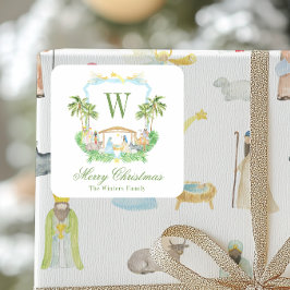 Watercolor Nativity Monogram Crest Christmas Vierkante Sticker