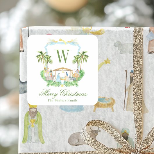 Watercolor Nativity Monogram Crest Christmas Vierkante Sticker
