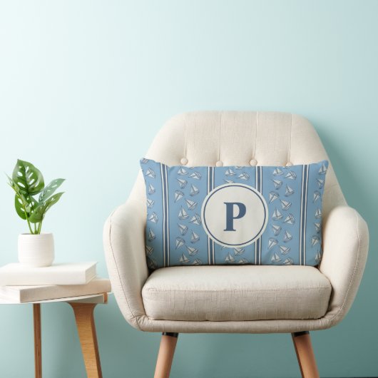 Watercolor Nautical Zeilboot Streep | Monogram Kussen (Stoel)