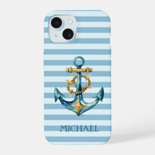 Watercolor Nautilus Anker Lichtblauw Strepen iPhone 15 Case