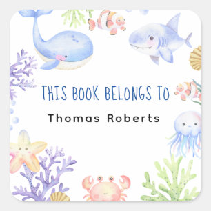 Watercolor nautisch - babyshower-boekenlegger vierkante sticker