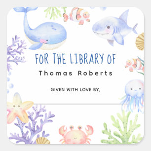 Watercolor nautisch - babyshower-boekenlegger vierkante sticker