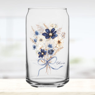Watercolor Navy Blauwe Bloemboeket Gepersonaliseer Blikvorm Glas