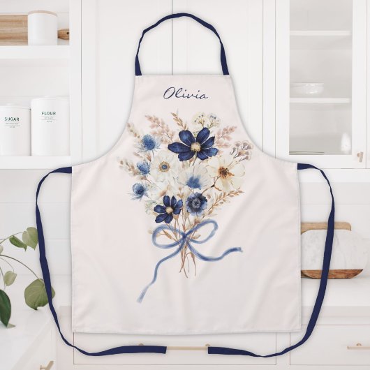 Watercolor Navy Blauwe Bloemboeket Gepersonaliseer Schort