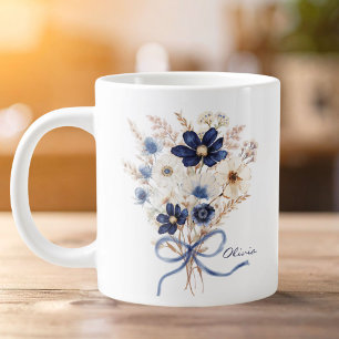 Watercolor Navy Blauwe Bloemboeket Persoonlijk Grote Koffiekop