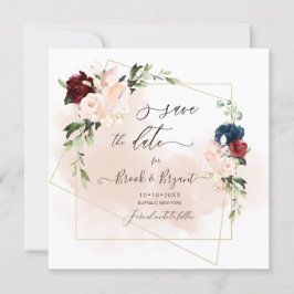 Watercolor Navy Blush Burgundy Rozen Save the Date Kaart