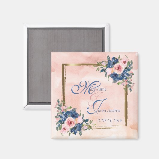 Watercolor Navy & Blush Wedding Magneet (Voorkant / Achterkant)