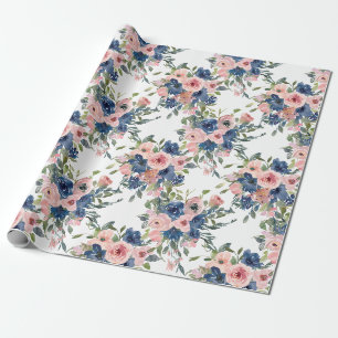 Watercolor Navy en Blush Bloem Cadeaupapier