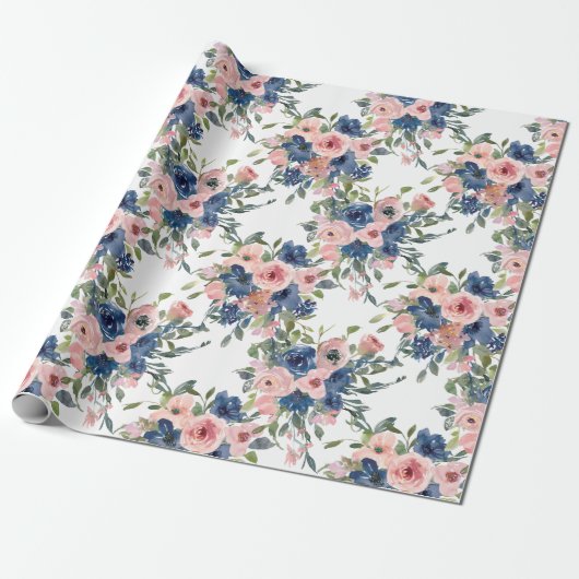 Watercolor Navy en Blush Bloem Cadeaupapier (Uitgerold)