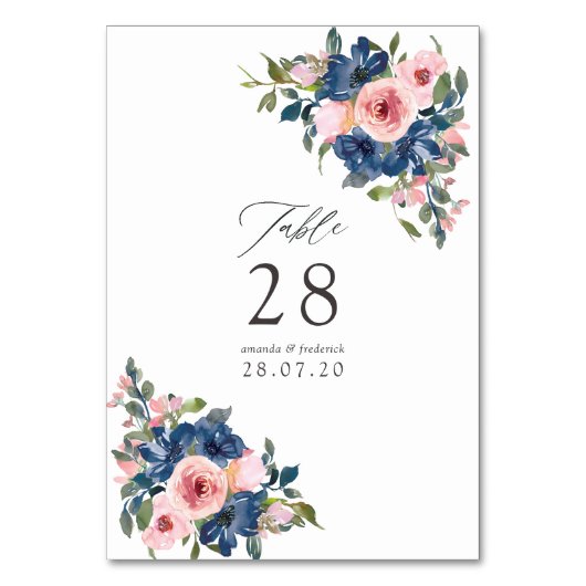 Watercolor Navy en Blush Bloemen Bruiloft Kaart (Voorkant)