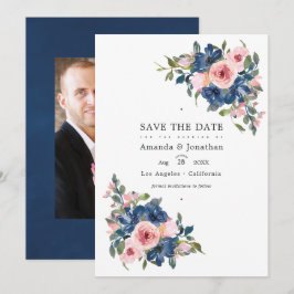 Watercolor Navy en Blush Bloemen Bruiloftsfoto Save The Date