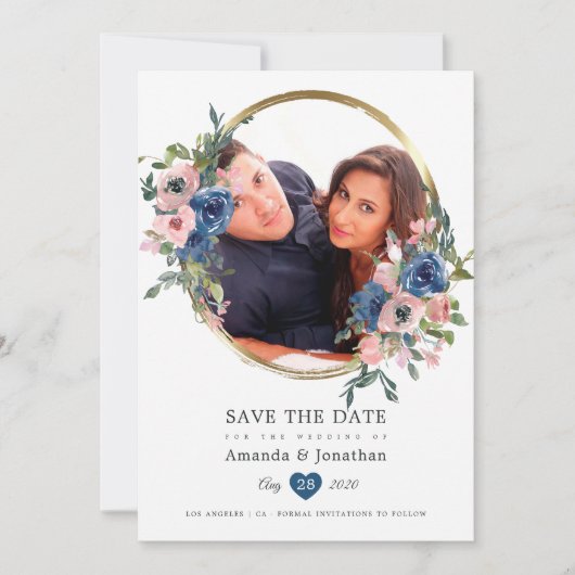 Watercolor Navy en Blush Bloemen Huwelijksfoto Save The Date (Voorkant)